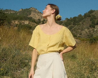 Simon butter linen top - Linen top - Short-sleeve top - Effortless linen top - Off-shoulder top - Summer top -  Linen shirt - Linen blouse
