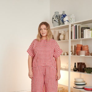 Mona Red Gingham Top - Basic Linen Top - Oversized linen top - Linen Blouse - Gingham Linen