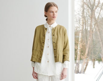 Francis olive jacket - Medium weight linen jacket - Linen jacket - Short linen jacket - Washed linen coat - Linen cardigan