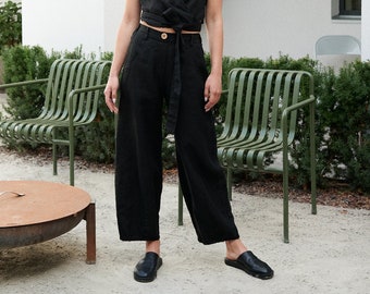 Ready to ship - Frankie heavy black trousers - Heavy linen pants - Linen trousers - Linen barrel pants - Washed heavy linen pants