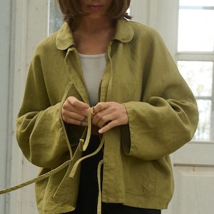 [NOTHING WRITTEN] Mild oversized linen jacket ☆送料込☆ Monika Heavy Olive Jacket - Utility Jacket - Work Jacket