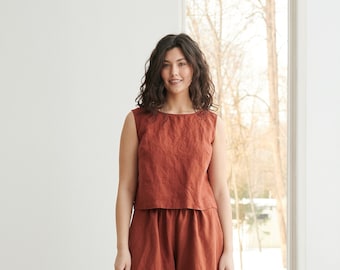 Crop terracotta top - Linen crop top - Basic linen top - Linen tank top - Linen blouse - Soft linen clothing - Washed linen top