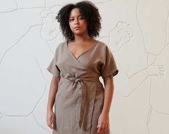 Mimosa cacao dress - Wrap linen dress - Summer dress - Oversized linen dress - Linen dress - Beach linen dress - Maternity dress