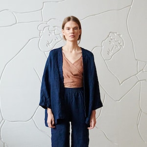 Rene navy blue waffle linen jacket - Medium weight linen jacket - Linen coat - Washed linen coat - Linen cardigan