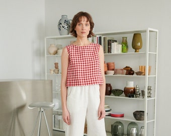 Crop Red Gingham Top - Basic Linen Top - Linen Tank Top - Linen Blouse - Gingham Linen