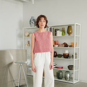 Crop Red Gingham Top - Basic Linen Top - Linen Tank Top - Linen Blouse - Gingham Linen