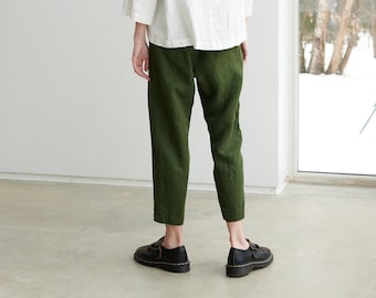 Mara forest green trousers - Tapered linen pants - Linen trousers - Linen pants - Washed linen pants - Summer linen pants