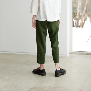 Mara forest green trousers - Tapered linen pants - Linen trousers - Linen pants - Washed linen pants - Summer linen pants