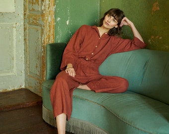 Work terracotta jumpsuit - Linen jumpsuit - Loose linen Jumpsuit - Linen overall - Linen women romper - Linen clothes - Work linen jumpsuit