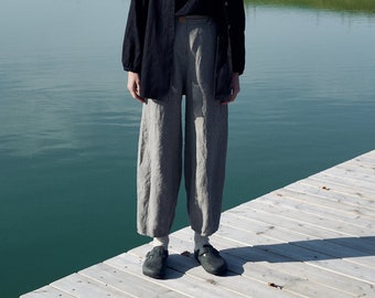 Frankie grey stripes trousers - Barrel trousers - Linen trousers - Loose linen pants - Linen pants