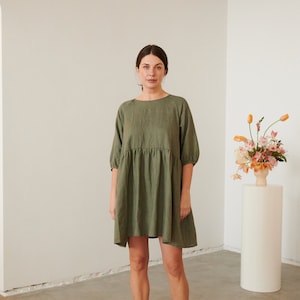 Beth pine green dress - Linen dress - Summer linen dress - Short Linen dress