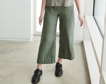 Pantalón verde pino océano - Pantalón lino - Pantalón lino - Culottes lino - Pantalón lino lavado - Pantalón ancho lino