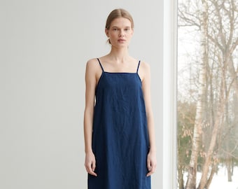 Aurora navy blue dress - Linen dress - Long dress with straps - Summer dress - Soft linen dress - Minimal linen dress