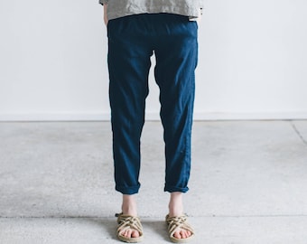 Nova navy blue trousers - Tapered linen pants - Classic linen pants - Washed linen pants - Soft linen pants