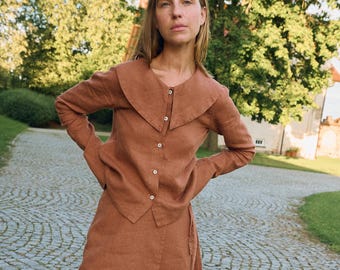 Dakota mocha mousse linen top - Button-up shirt - Oversized collar - Flared sleeves -Vintage-inspired shirt -Long sleeved shirt -Linen shirt