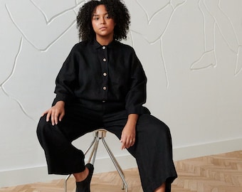 Mono negro de trabajo - Mono de lino - Mono holgado de lino - Mono de lino - Mono de lino para mujer - Mono de lino de trabajo