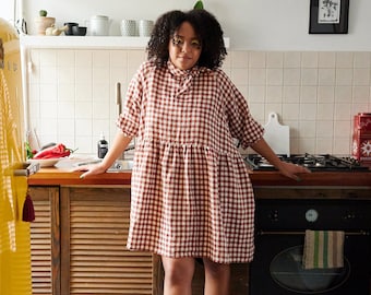 Beth Terracotta Gingham dress - Gingham Linen Dress - Summer linen dress