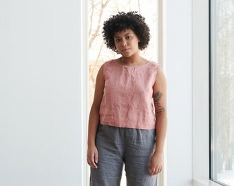 Crop blush salmon top - Basic linen top - Linen tank top - Linen blouse - Soft linen clothing - Crop top