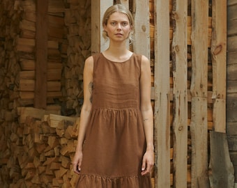 Amalie brown linen wool blend dress - Wool linen dress - Linen dress - Mini linen dress - Winter dress