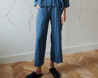 Ozean Sternblau Hose - Leinenhose - Lose Leinenhose - Leinen Culottes - Hose mit weitem Bein - Weiche Leinenhose