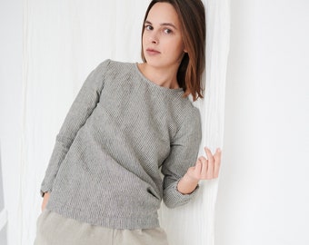 Jana grey stripes top - Linen blouse - Linen blouse with long sleeves - Basic linen blouse - Linen top - Linen shirt - Washed linen clothes