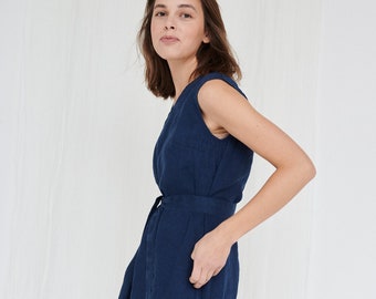 Dori navy blue dress - Navy blue linen dress - Summer linen dress - V neck linen dress - Linen dress - Linen sundress - Midi linen dress