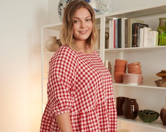 Vestido Beth Red Gingham - Vestido de lino Gingham - Vestido de lino de verano