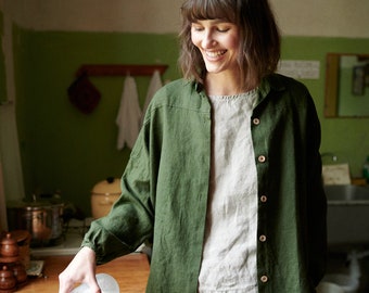 Lyn forest green shirt - Washed linen shirt - Linen shirt - Drop shoulder shirt - Oversized linen clothes