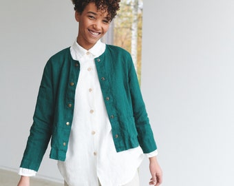 Francis emerald green jacket - Medium weight linen jacket - Linen jacket - Short linen jacket - Washed linen coat - Linen cardigan