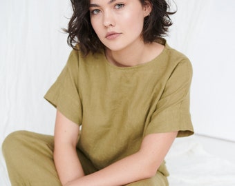 Mona olive top - Linen top - Oversized linen top - Linen blouse - Basic linen top