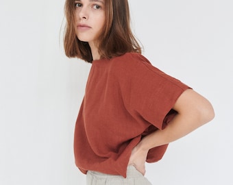 Mona terracotta top - Linen top - Oversized linen top - Linen blouse - Basic linen top - Minimal linen blouse