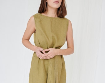 Nida olive dress - Back V neck linen dress - Summer dress - Linen dress - Washed linen dress