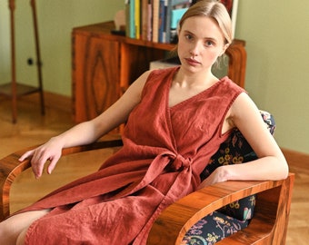 Zoe Terracotta Kleid - Umstandskleid - Wickelkleid aus Leinen - Oversized Leinenkleid - Sommerkleid - Leinenkleid