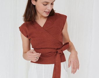 Amelia terracotta top - Wrap top - Wrap linen top - Linen top - Sleeveless wrap top - Linen shirt