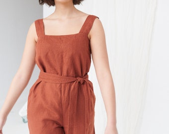 Combi-pantalon Naomi terracotta - Combi-pantalon en lin - Combi-pantalon oversize - Combi-short en lin - Vêtements en lin pour femme - Salopette en lin - Combi-pantalon large