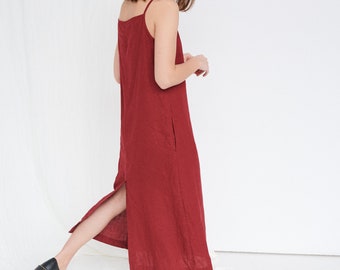 Aurora burgundy red dress - Linen dress - Long dress with straps - Summer dress - Soft linen dress - Minimal linen dress