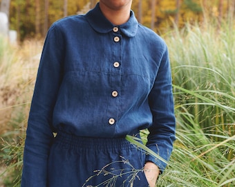 Brandi navy blue shirt - Washed linen shirt - Linen shirt - Round collar shirt - Basic linen shirt