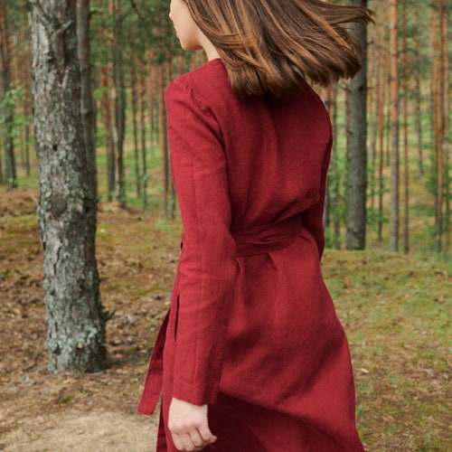 Rosemary burgundy red dress - Wrap linen dress - Maternity linen dress - Loose linen dress - Wrap dress - Soft linen dress