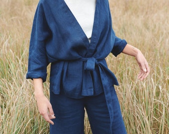 Rene navy blue jacket - Medium weight linen jacket - Linen coat - Washed linen coat - Linen cardigan