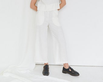 Ocean milky white trousers - Linen pants - Loose pants - Linen culottes - Washed linen pants - Simple linen pants - Wide linen pants