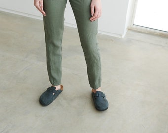 Nova pine green trousers - Tapered linen pants - Linen pants - Linen trousers