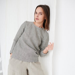 Jana grey stripes top - Linen blouse - Linen blouse with long sleeves - Basic linen blouse - Linen top - Linen shirt - Washed linen clothes