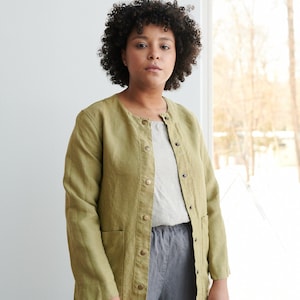 Leone heavy olive jacket - Heavy linen jacket - Long linen jacket - Washed linen coat - Linen cardigan