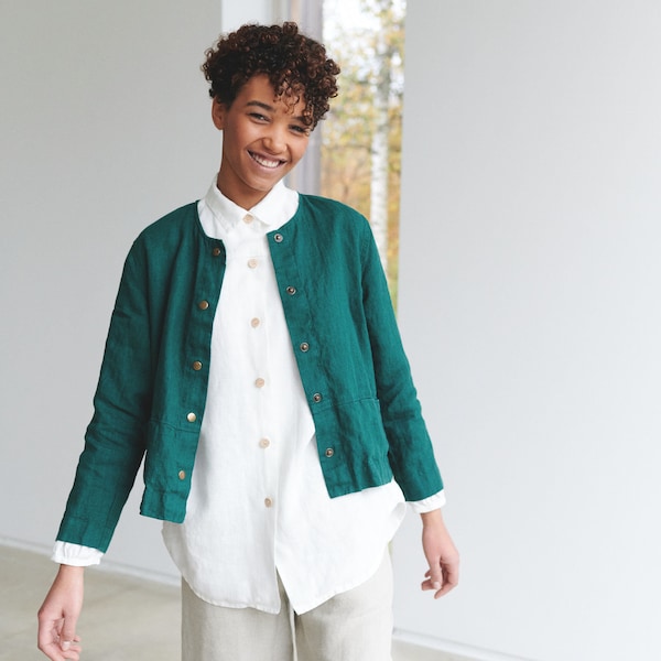 Francis emerald green jacket - Medium weight linen jacket - Linen jacket - Short linen jacket - Washed linen coat - Linen cardigan