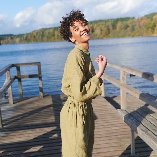 Work olive jumpsuit - Linen jumpsuit - Loose linen Jumpsuit - Linen overall - Linen women romper - Linen clothes - Work linen jumpsuit