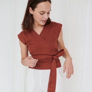 Amelia terracotta top - Wrap top - Wrap linen top - Linen top - Sleeveless wrap top - Linen shirt