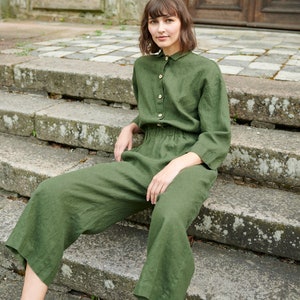 Work forest green jumpsuit - Washed linen jumpsuit - Washed linen overall - Linen overall - Linen romper - Linen clothes