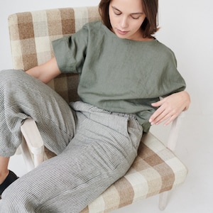 Ocean grey stripes trousers - Linen pants - Linen trousers - Linen culottes - Washed linen pants - Simple linen pants - Wide linen pants
