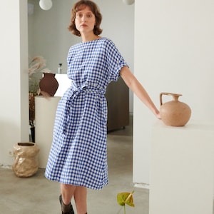 Ready to ship - Alex Blue Gingham dress - Gingham Linen Dress - Wrap linen dress