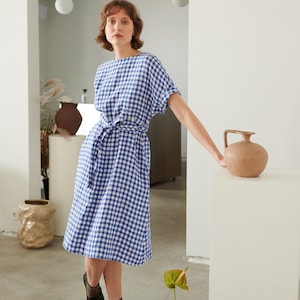 Alex Blue Gingham dress - Gingham Linen Dress - Wrap linen dress